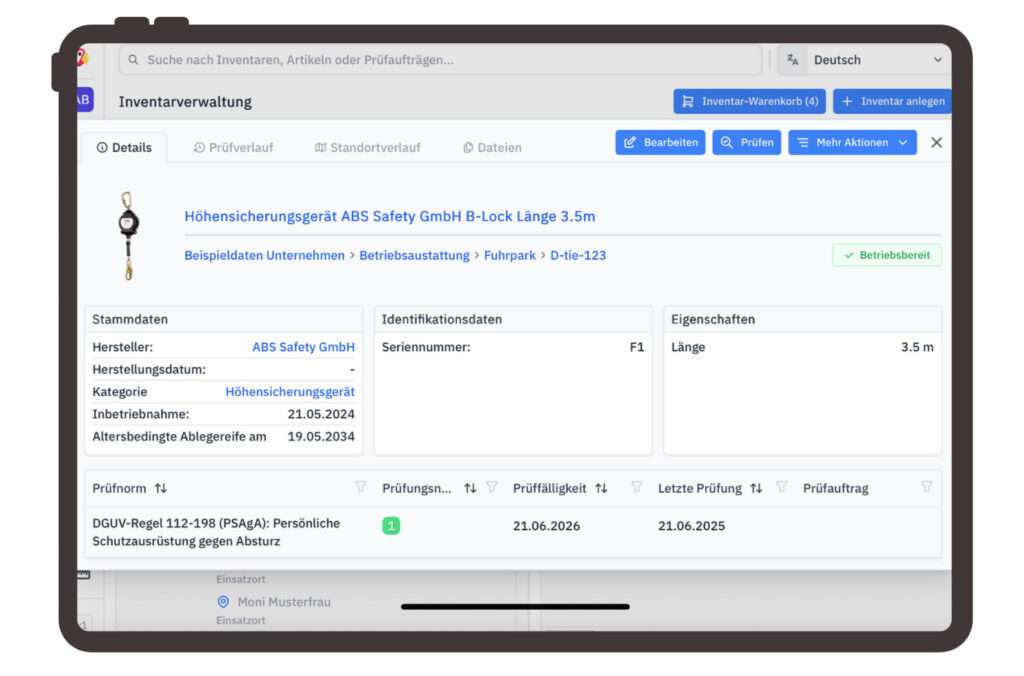 Höhensicherungsgerät per Tablet verwalten