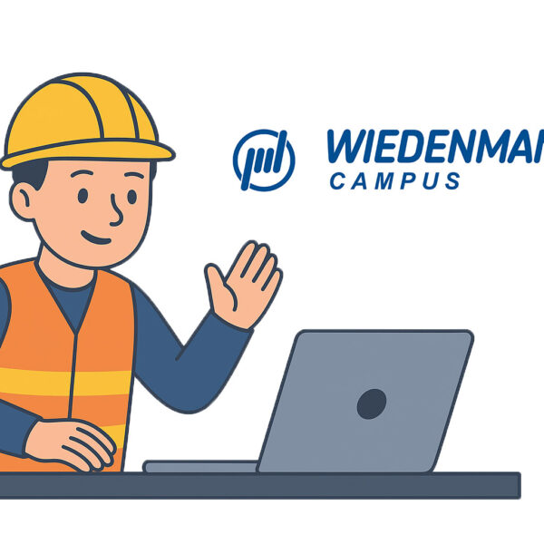 Illustration eines Mitarbeiters mit Schutzhelm und Warnweste, der an einem Laptop arbeitet und lächelt. Daneben das Logo des Wiedenmann Campus.