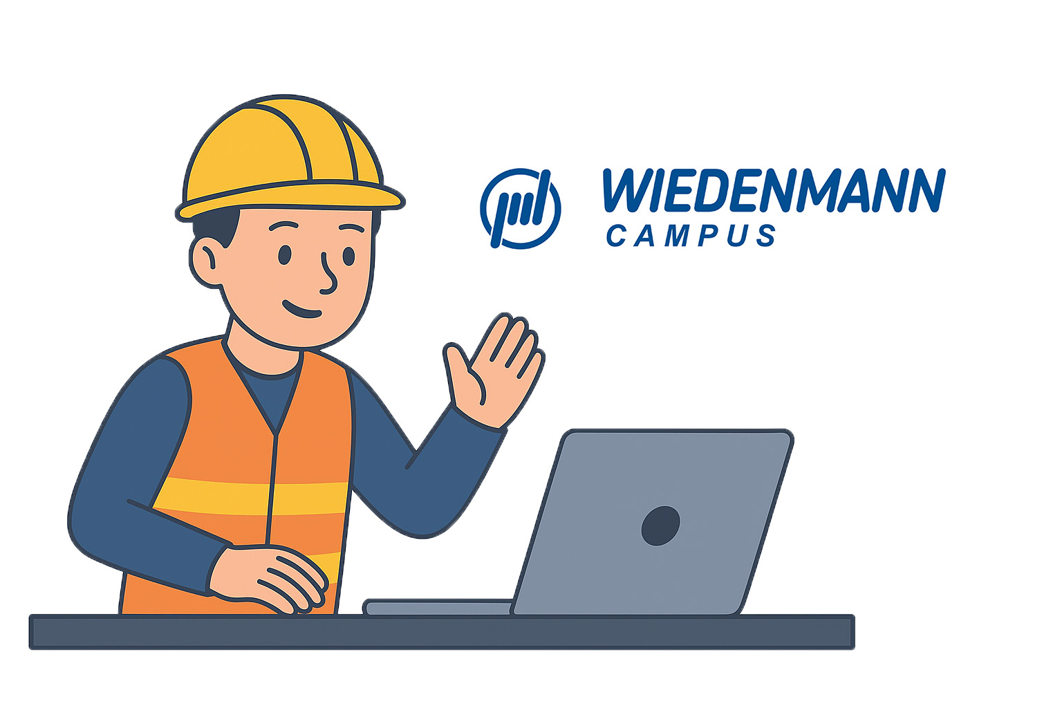Illustration eines Mitarbeiters mit Schutzhelm und Warnweste, der an einem Laptop arbeitet und lächelt. Daneben das Logo des Wiedenmann Campus.