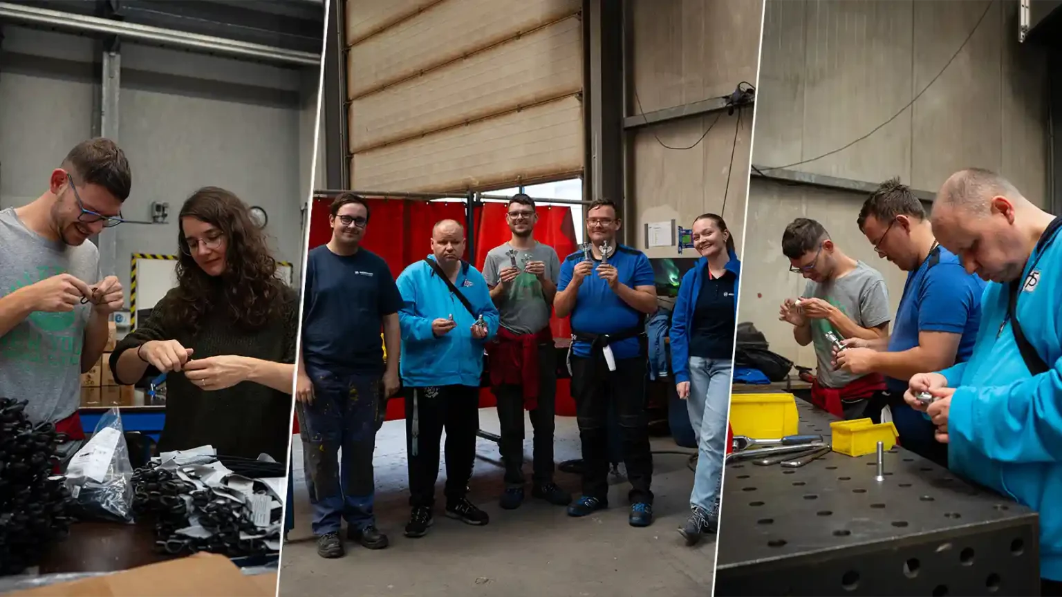 Schichtwechsel bei Wiedenmann mit Beschäftigten der Mainfränkischen Werkstätten und Auszubildenden